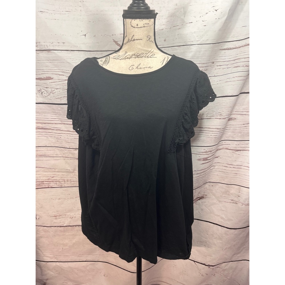 Lauren Conrad Women Plus 3X Black Cotton Eyelet Flutter Sleeve Scoop Neck Top